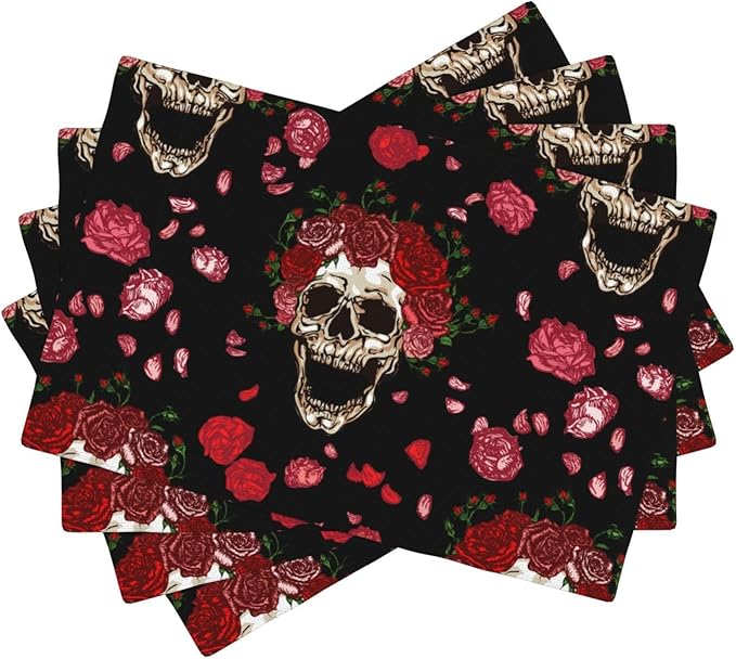 Placemats 4 pcs Skull Flower Double-Layer Imitation Linen Place Mats Non-Slip Heat-Resistant Tablemats for Home Restaurant Hotel 18×12 Inch