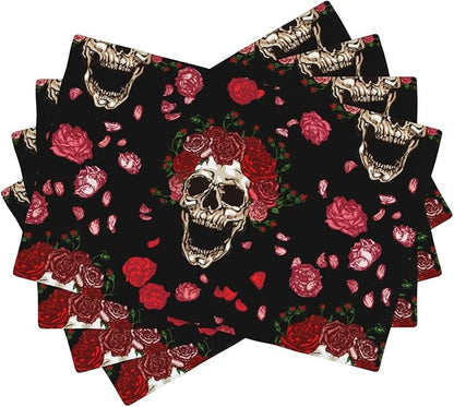 Placemats 4 pcs Skull Flower Double-Layer Imitation Linen Place Mats Non-Slip Heat-Resistant Tablemats for Home Restaurant Hotel 18×12 Inch