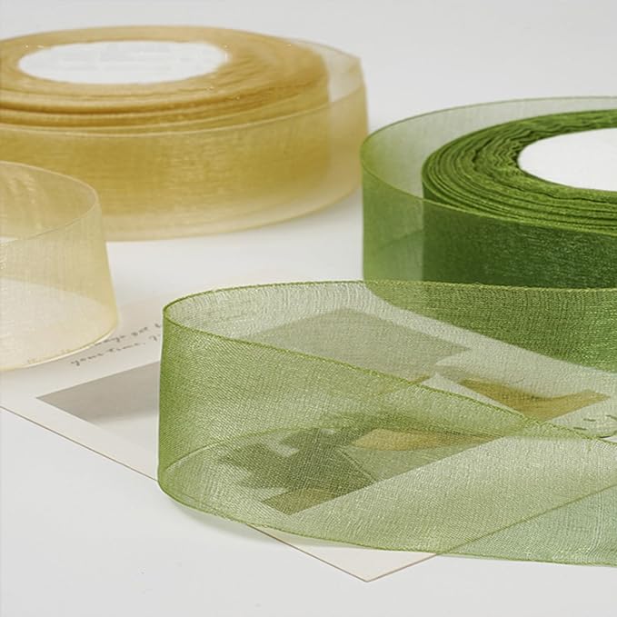 Green Ribbon for Gift Wrapping, 1 inch 50Yard Sage Green Sheer Organza Ribbon for Flower Bouquet, Crafts, Gifts Wrap Chiffon Fabric Ribbons for Birthday, Wedding, Christmas, Easter Decoration