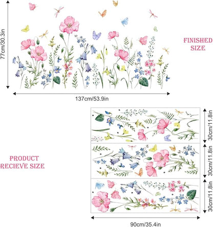 Supzone Watercolor Wildflower Wall Decals Colorful Garden Flower Grass Butterflies Wall Stickers for Girls Bedroom Living Room Home Office Wall Decor