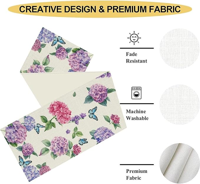 Hydrangea Table Runner, Spring Summer Watercolor Purple Floral Seasonal Country Farmhouse Coffee Table Center Decor for Home Kitchen Dining Patio Holiday Party Table Decorations 13x36 inches