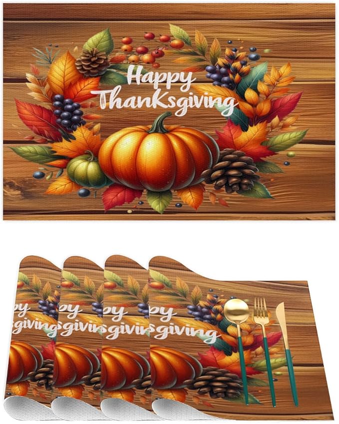 Thanksgiving Pumpkin Holiday Rainbow Placemats Set of 4 PVC Vinyl Non Slip Table Mats Heat Resistant Place Mats Washable Wipeable Dining Table Mat for Kitchen Party Indoor Outdoor Decorative Gift