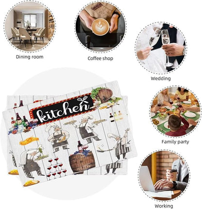 Chef Kitchen Linen Placemats Set of 6 Wine Cooking Theme Placemats for Indoor Outdoor Party Home Desktop Dining Room Decor 12x18 Inch