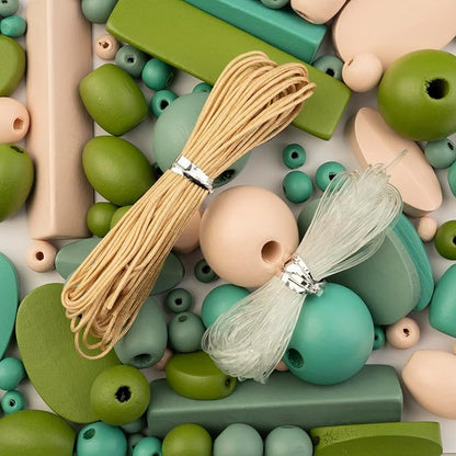 John Bead 90g Craft Beads Dark Green/Light Peach/Grey/Green Wood Beads with Elastic Nylon Cord