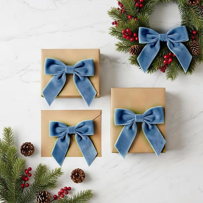 30 Pcs Velvet Ribbon Bows 5" x 4" Pre Tied Christmas Velvet Bows with Twist Tie for Gift Packaging Christmas Tree Wreaths Door Windows Wedding Party Decoration(Dusty Blue)
