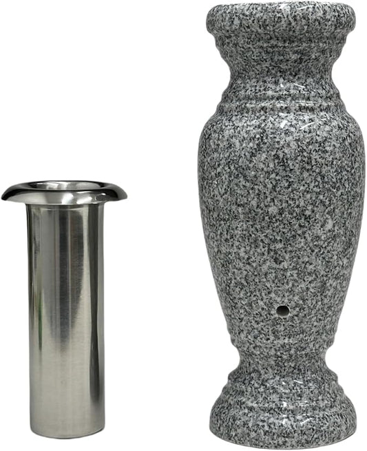 Memorial Cemetery Flower Vase - Real Granite (Grey Granite), with Stainless Steel Inner, Grave Marker, Decorations for Gravesite, Headstone Flowers Holder, Garden Lawn & Yard (4x4x10)