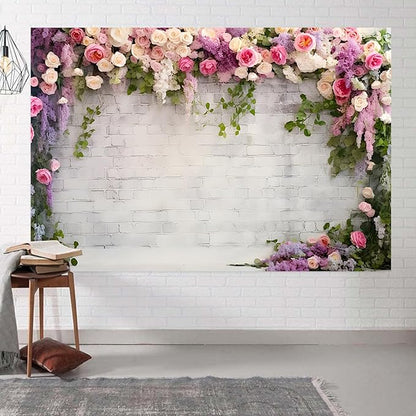 8x6ft Wedding Backdrop Rustic White Brick Wall Flowers Photography Background Bridal Shower Wedding Party Adults Portraits Decoration Supplies Photo Booth Props