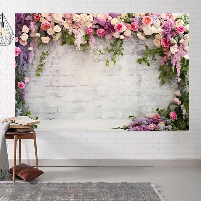 6x4ft Wedding Backdrop Rustic White Brick Wall Flowers Photography Background Bridal Shower Wedding Party Adults Portraits Decoration Supplies Photo Booth Props