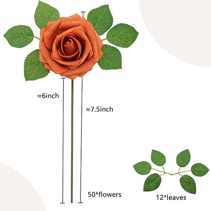 50PCS Artificial Flowers Burnt Orange Roses Real Looking Foam Fake Roses with Leaves and for DIY Wedding Bouquets Bridal Shower Centerpieces Party Decorations (Burnt Orange)