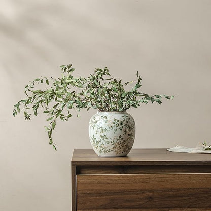 Vintage Green and Beige Round Pastoral Vase, Round Ceramic Floral Vases, Retro Ice Cracked Chinoiserie Vase for Home Decor, Living Room, Bookshelf, Office, Rustic Table Centerpiece 6.7 Inch