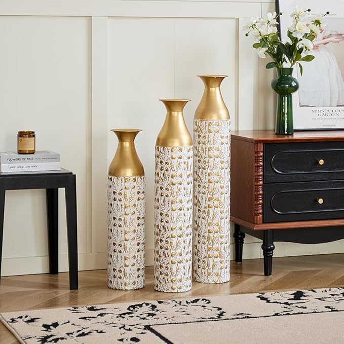 Floor Oversized Gold Metal Decorative Vase with 3D Triangle Pattern Set of 3 Large Vases for Home Living Room 33.5 ", 29.5 ", 25.2" High (Matt White+Gold)