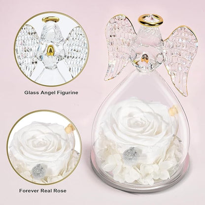 Yamonic Birthday Gifts for Women, Angel Figurines with Real Rose Gifts for Her Mom Grandma,Preserved Flowers Rose Angel Figurines for Mothers Day Christmas Anniversary Birthday Gifts for Her (White)