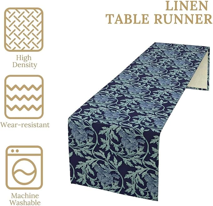 Vintage William Morris Table Runner, Retro Blue Floral Botanical Plant Farmhouse Design Table Runner for Kitchen Dining Party Holiday Decortaion, 13x36 Inch