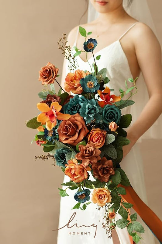 Ling's moment Teal Bridal Bouquet Cascading, Burnt Orange Wedding Bouquets for Bride, 13 Inch Terracotta Rust Fall Artificial Wedding Flower Bouquet