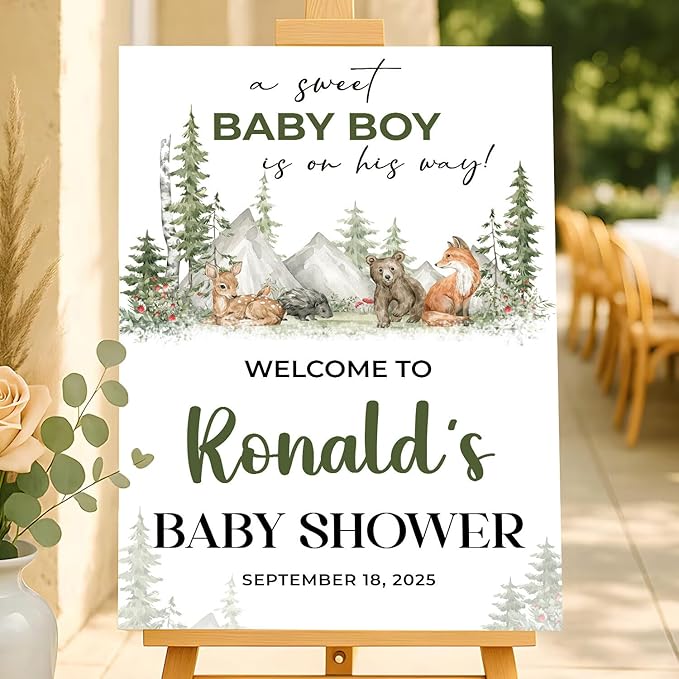 Personalized Baby Shower Welcome Sign With Stand, A Sweet Baby Boy Is On His Way Sign, Forest Animal Sign Decorations, Printable Garden Animal Welcome Sign