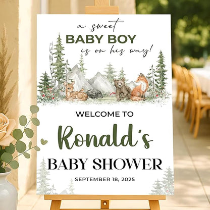 Personalized Baby Shower Welcome Sign With Stand, A Sweet Baby Boy Is On His Way Sign, Forest Animal Sign Decorations, Printable Garden Animal Welcome Sign