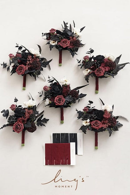 Ling's moment Artificial Flowers Gothic Bridesmaid Bouquet Set of 6, Burgundy and Black Bridal Bouquets for Bridesmaids, 7 Inch Wedding Flowers Bouquets for Wedding, Ceremony, Anniversary, etc