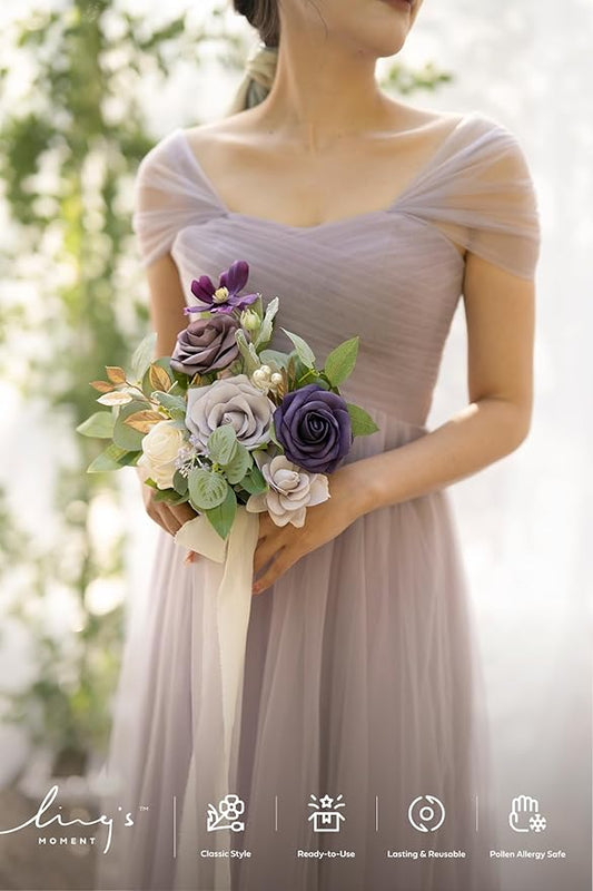 Ling's moment Artificial Flowers Purple Bridesmaid Bouquet Set of 6, Lavender Wedding Flowers Bouquets for Bridesmaids, 7 Inch Bridal Bouquets for Bridesmaids, Wedding, Ceremony, Anniversary, etc
