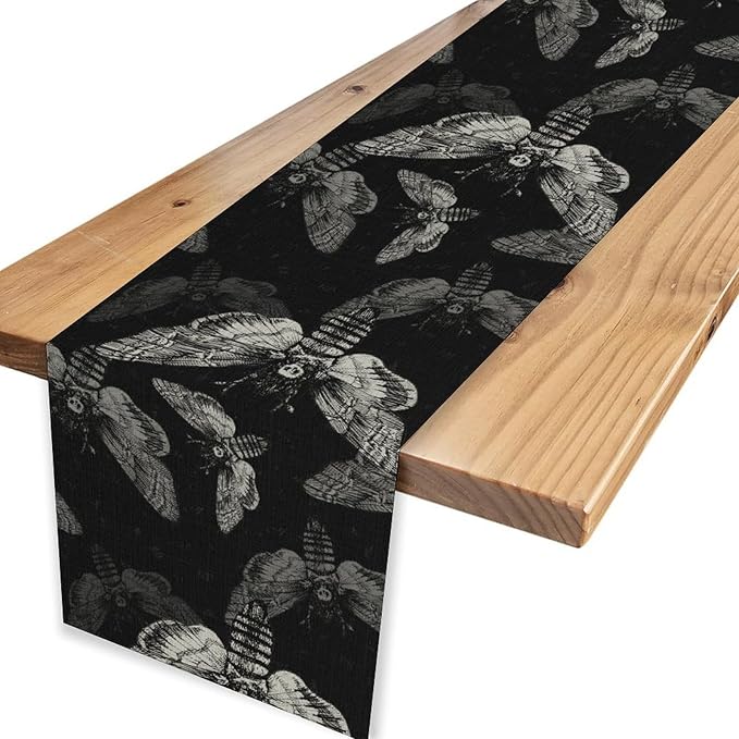 Gothic Moth Table Runner, Boho Gothic Mystical Witchy Skull Retro Farmhouse Coffee Table Center Decor for Home Kitchen Dining Patio Holiday Party Table Decorations 13x36 inches