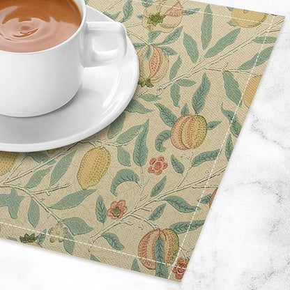 Vintage Floral Placemats Set of 4, William Morris Retro Fruit Boho Botanical Plant Place Mats, Heat Resistant Non Slip Cotton Linen Dining Table Mats for Home Kitchen Party 18x12 Inch