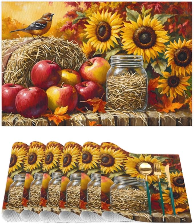 Autumn Apple Flower Sunflower Placemats Set of 1 PVC Vinyl Non Slip Table Mats Heat Resistant Place Mats Washable Wipeable Dining Table Mat for Kitchen Decor Party Indoor Outdoor Decorative Gift