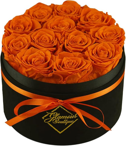 GLAMOUR BOUTIQUE Flowers Forever Gift Box 12 Real Preserved Roses in a Velvet Black Box, Birthday Rose Gift for Wife Mom and Her, Mothers Day, Anniversary, Graduation - Orange
