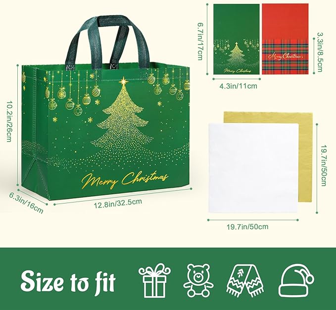 YANGTE 2 Pack 13" Large Christmas Gift Bags with Tissue Paper, Reusable Non-Woven Christmas Bag with Handles for Holiday Presents Wrapping, Holiday Tote Bags for Gifts Wrapping Xmas Party Favors
