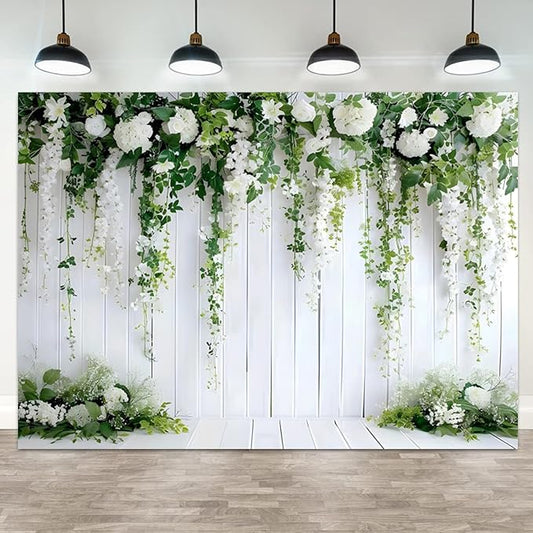 5x3ft White Flower Backdrop Green Leaves Wedding Bridal Shower Photography Background Floral Rustic Wood Wall Birthday Party Banner Decorations Reception Ceremony Portrait Photo Booth Prop