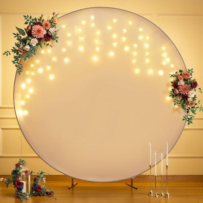 6.6 FT White Round Backdrop Cover with Lights String for Circle Arch Stand Circle Backdrop Covers with LED Fairy Lights for Wedding Arch Baby Shower Birthday Party Photo Shoot Photography Background