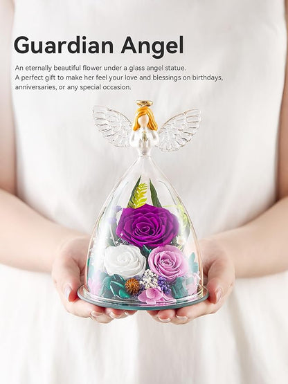 Gifts for Women Forever Flowers Preserved Rose in Glass Angel Figurine Real Colorful Roses Birthday Gifts for Her Grandma Sister Daughter Wife, Purple