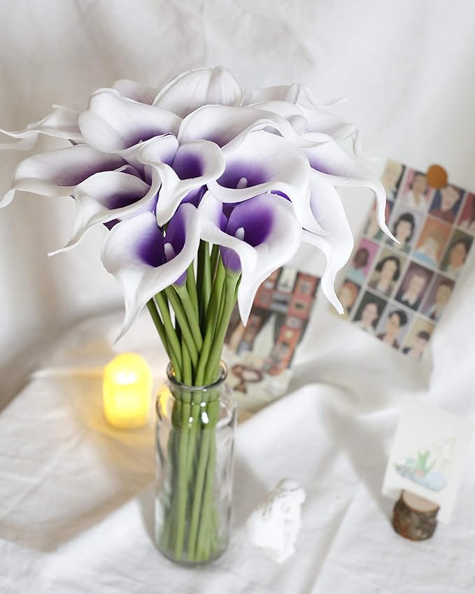 DuHouse 20Pcs Calla Lily Artificial Real Touch Latex Flowers Fake Wedding Bouquet Home Wedding Party Decor (Purple White)