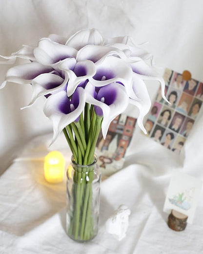 DuHouse 20Pcs Calla Lily Artificial Real Touch Latex Flowers Fake Wedding Bouquet Home Wedding Party Decor (Purple White)