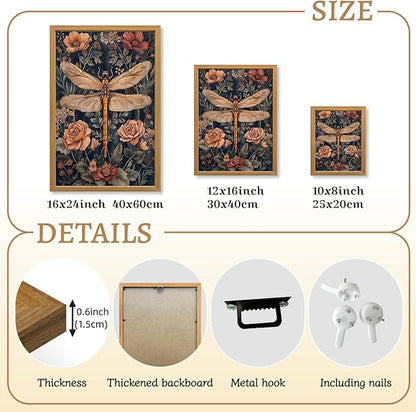 LLEEMPI William Morris Wall Art, Vintage Dragonfly Floral Wall Decor, Abstract Insect Flower Canvas Painting, Nature Botanical Poster Print for Living Room Bedroom Bathroom Office Wood Framed 16x24 inch