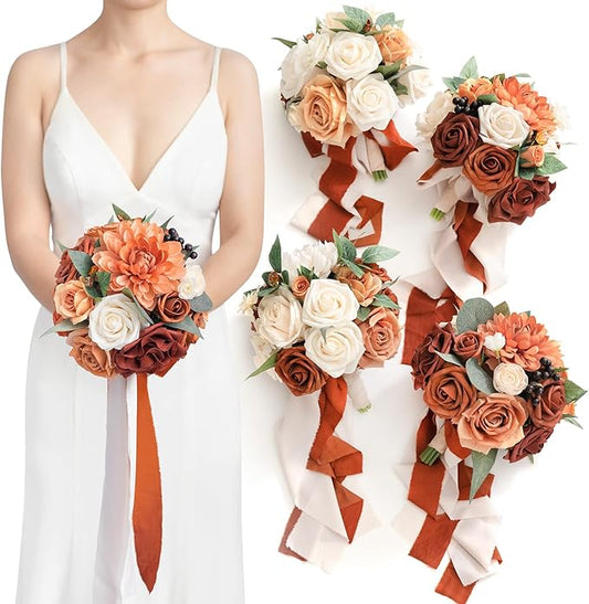 Ling's moment Terracotta Artificial Flowers Bridesmaid Bouquet Set of 4, Burnt Orange Wedding Flowers Bouquets for Bridesmaids, 7 Inch Bridal Bouquets for Bridesmaids, Wedding, Ceremony