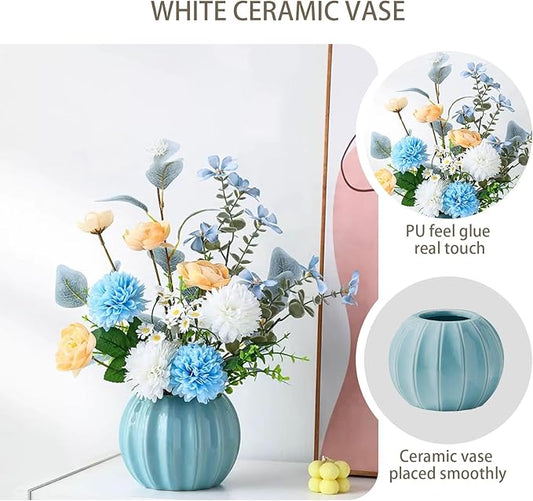 Artificial Flowers, Fake Flowers in Vase, Silk Flowers with Ceramic Vase, Faux Flowers Arrangement for Homes, Restaurants Decoration Dining Table Centerpiece Decor (Blue)