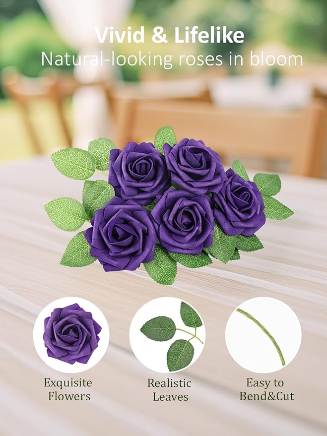 N&T NIETING Artificial Flowers, Fake Flowers Roses Perfect for DIY Wedding Bridal Bouquets Centerpieces Bridal Shower Party Home Flower Arrangement Halloween Flowers Decorations, 25Pcs, Dusty Purple