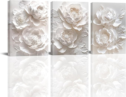 Sepwrol White Flower Canvas Wall Art Modern Abstract Rose Blooming Floral Textured Printing Artwork for Home Bedroom Living Room Wall Decor, 12"x16" 3 Panel (White-2)