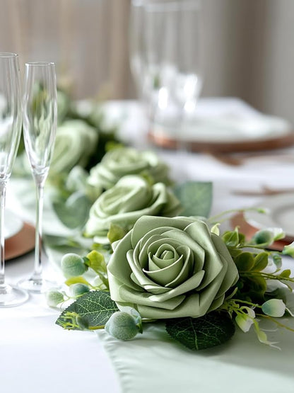 InnoGear Artificial Flowers, 50 Pcs Elf Green Rose Foam Fake Roses Bulk with Stems for Spring Decoration DIY Wedding Bouquets Centerpieces Bridal Shower Party Christmas Tree