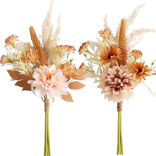Fake Flower Bouquet, Faux Flower Arrangement for Decorating Kitchens, Bedrooms, Bathrooms, Realistic Artificial Flowers Made of Silk & Plastic, Floral Decoration with Dahlia & Small Blossoms