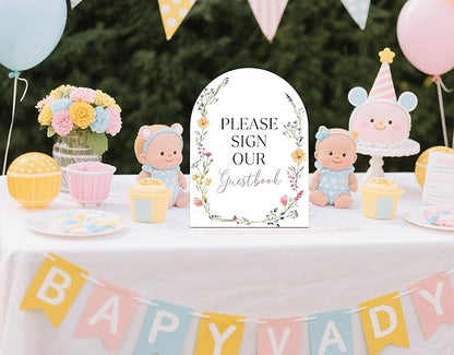 Boho Wildflower Please Sign Our Guestbook Sign for Baby Shower, 6x8 Inch Arch Wooden Sign with Stand, Floral Baby Shower Table Sign, Gender Neutral Party Decoration - MUK33