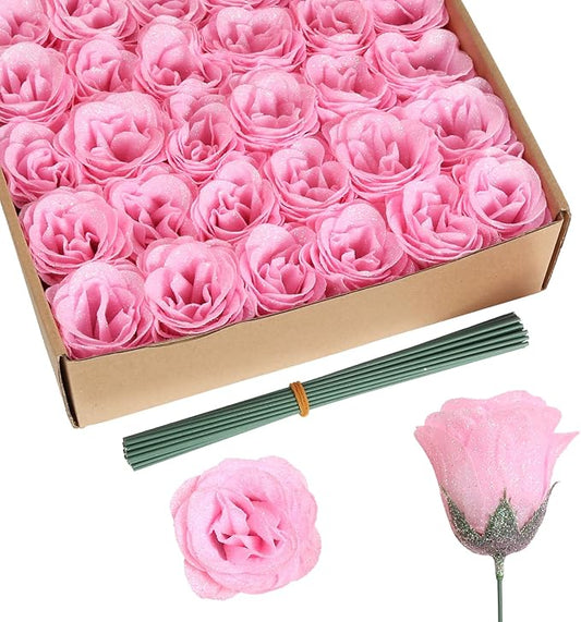 Glitter Roses Bouquet,30PCS Pink Roses Artificial Flowers Fake Sparkling Roses for Wedding Bouquet Party Christmas Home Decor(Light Pink)
