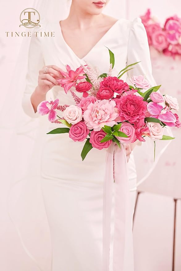 TINGE TIME 11 Inch Wedding Bouquets for Bride，HotPink Artificial Flowers Bouquet， Brides & Bridesmaids Bouquet for Wedding Anniversary Ceremony Bridal Shower Decorations