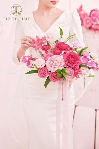 TINGE TIME 11 Inch Wedding Bouquets for Bride，HotPink Artificial Flowers Bouquet， Brides & Bridesmaids Bouquet for Wedding Anniversary Ceremony Bridal Shower Decorations