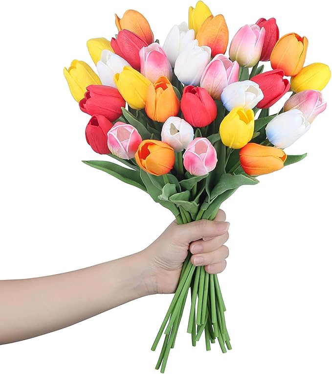 SITUMEIZI Fake Flowers Tulips Artificial Silk Flower 15pcs Real Touch 14" for Spring Easter Home Kitchen Wedding Bouquet Bulk Mother's Gift Day Decorations(Multicolor,5-4)