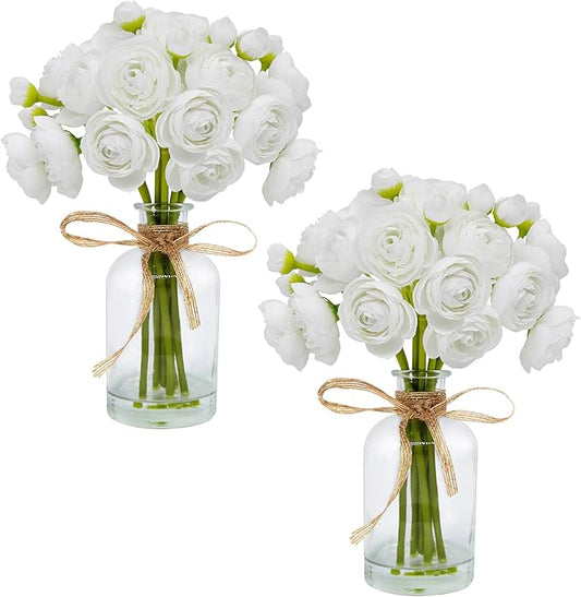 Ranunculus Artificial Flowers with Vase, 2 Pack - 8 Pcs Faux Silk Ranunculus Flower in Vase, Small Flowers Arrangements for Home Decor Indoor, Table Centerpiece. (White)