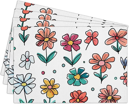 Cotton Linen Waterproof Placemats Set of 4, Cute Flowers Dining Mat Table Mats Decor Fabric for Kitchen Dinner Coffee Shop Table, Indoor/Outdoor Washable Wipeable Placemat -N026