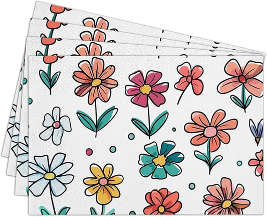 Cotton Linen Waterproof Placemats Set of 4, Cute Flowers Dining Mat Table Mats Decor Fabric for Kitchen Dinner Coffee Shop Table, Indoor/Outdoor Washable Wipeable Placemat -N026