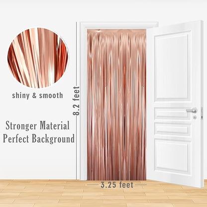 GOER 6.4 ft x 8.2 ft Metallic Tinsel Foil Fringe Curtains,Pack of 2 Party Streamer Backdrop for Birthday,Graduation Decorations and New Year Eve (Matte Rose Gold,Thick Material)