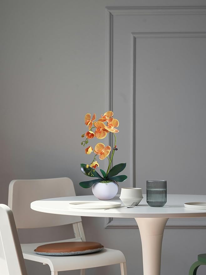 Forlaoers 17" Orange Artificial Orchids That Look Real with Pot Fake Orchid in Vase Artificial Flowers for Home Decor Indoor Office Table Centerpieces Bathroom Decoration