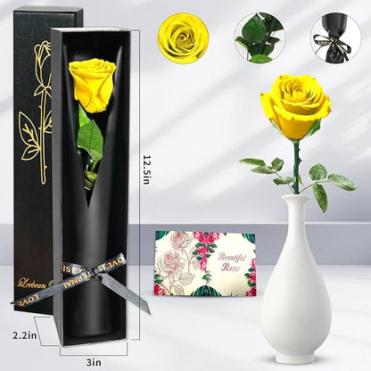 Yellow Single Forever Roses in a Box,Preserved Flowers for Delivery,Preserved Rose Gifts for Women, Real Roses Gift for Her, Mom Birthday Gifts, Mothers Day Flowers,Valentines Flowers